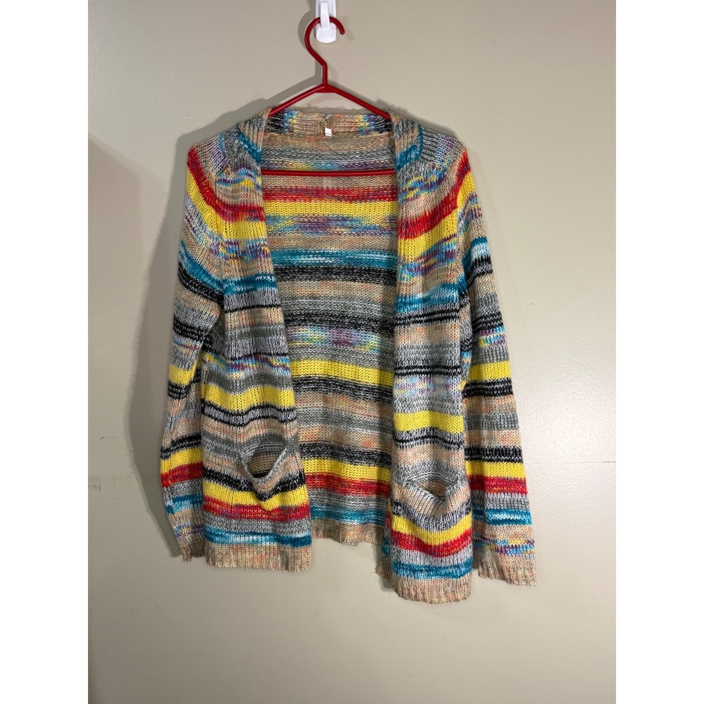 Multicolor Striped Open Front Knit Cardigan with Pockets Size Medium